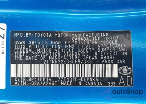 2008 Toyota Matrix Xr из США, поврежденный, VIN 2T1KR32E38C697383